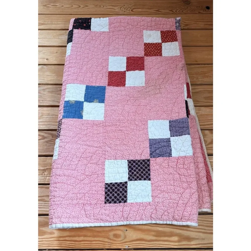 Vintage Handmade Patchwork Quilt Size 76x42 Pink M3